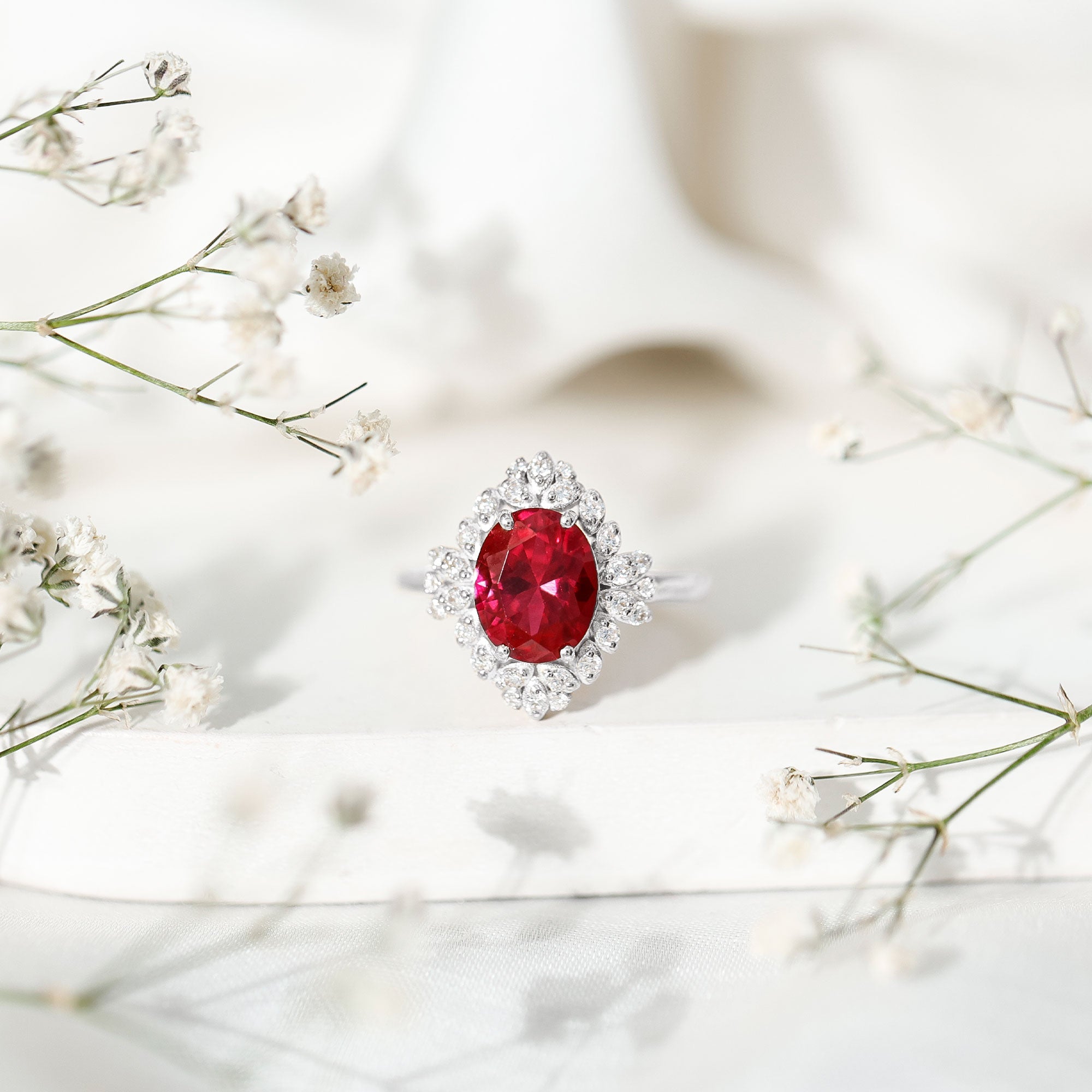 Vintage Inspired Lab Grown Ruby and Diamond Engagement Ring