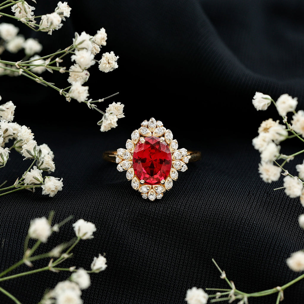 Vintage Inspired Lab Grown Ruby and Diamond Engagement Ring