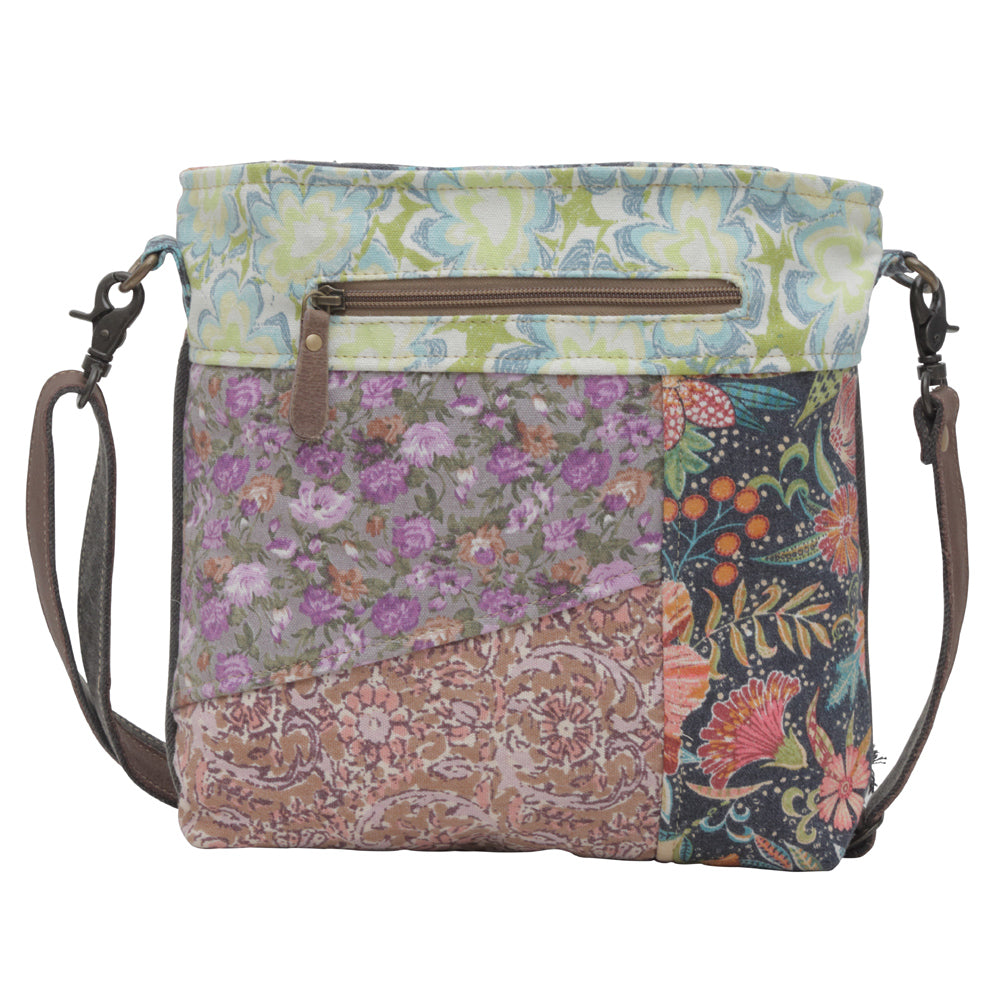 Myra Le Fleur Vintage Satchel Bag for Women with Colorblock Florals and Rustic Leather Sling