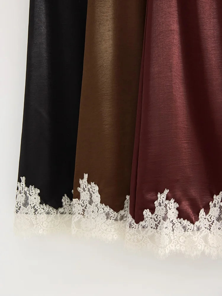 Midi Satin Skirt With Lace Brown Women Summer Office Zipper Skirts A Line Patchwork Satin Silk Skirts Midi Black Luxury Woman