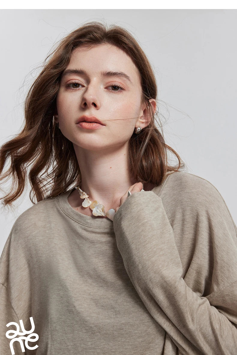 TOYOUTH Women Long Sleeve T-shirt 2025 Spring New Lyocell Wool Versatile Pure Color Pullover Skin Basic Tops