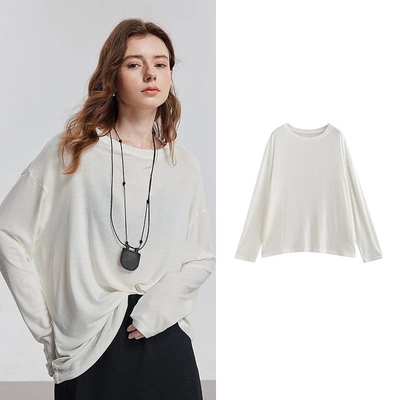 TOYOUTH Women Long Sleeve T-shirt 2025 Spring New Lyocell Wool Versatile Pure Color Pullover Skin Basic Tops