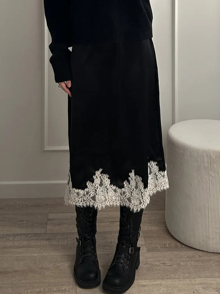 Midi Satin Skirt With Lace Brown Women Summer Office Zipper Skirts A Line Patchwork Satin Silk Skirts Midi Black Luxury Woman