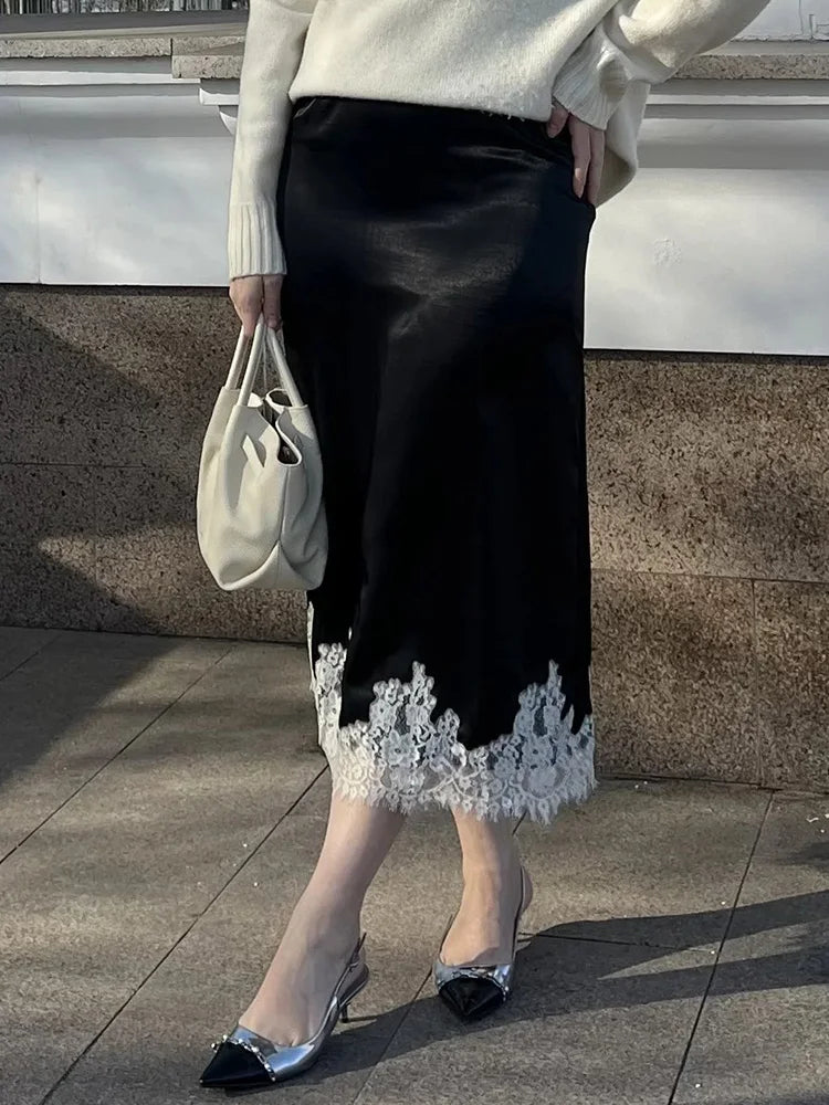 Midi Satin Skirt With Lace Brown Women Summer Office Zipper Skirts A Line Patchwork Satin Silk Skirts Midi Black Luxury Woman