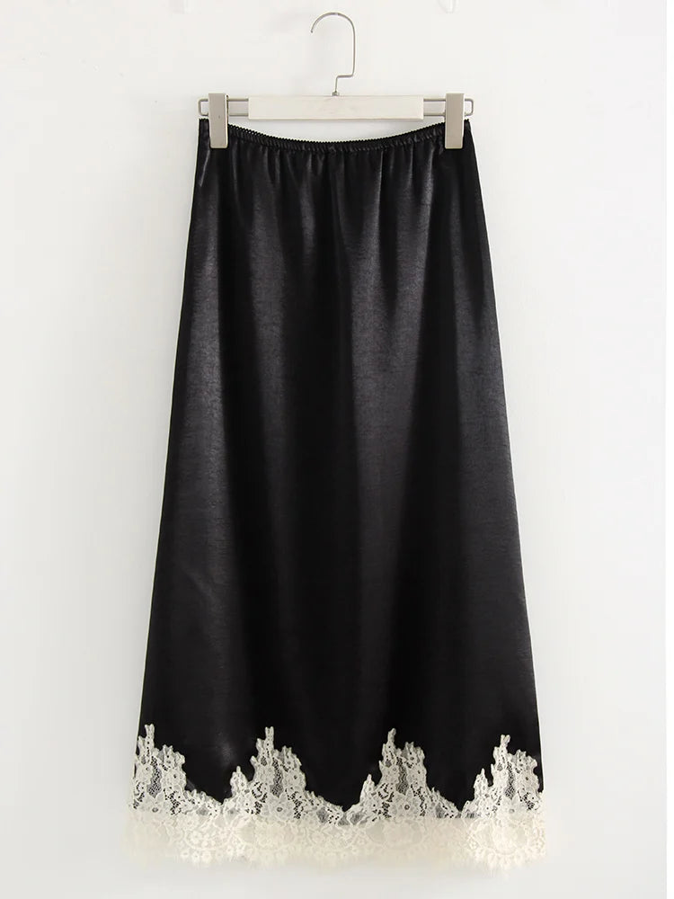 Midi Satin Skirt With Lace Brown Women Summer Office Zipper Skirts A Line Patchwork Satin Silk Skirts Midi Black Luxury Woman