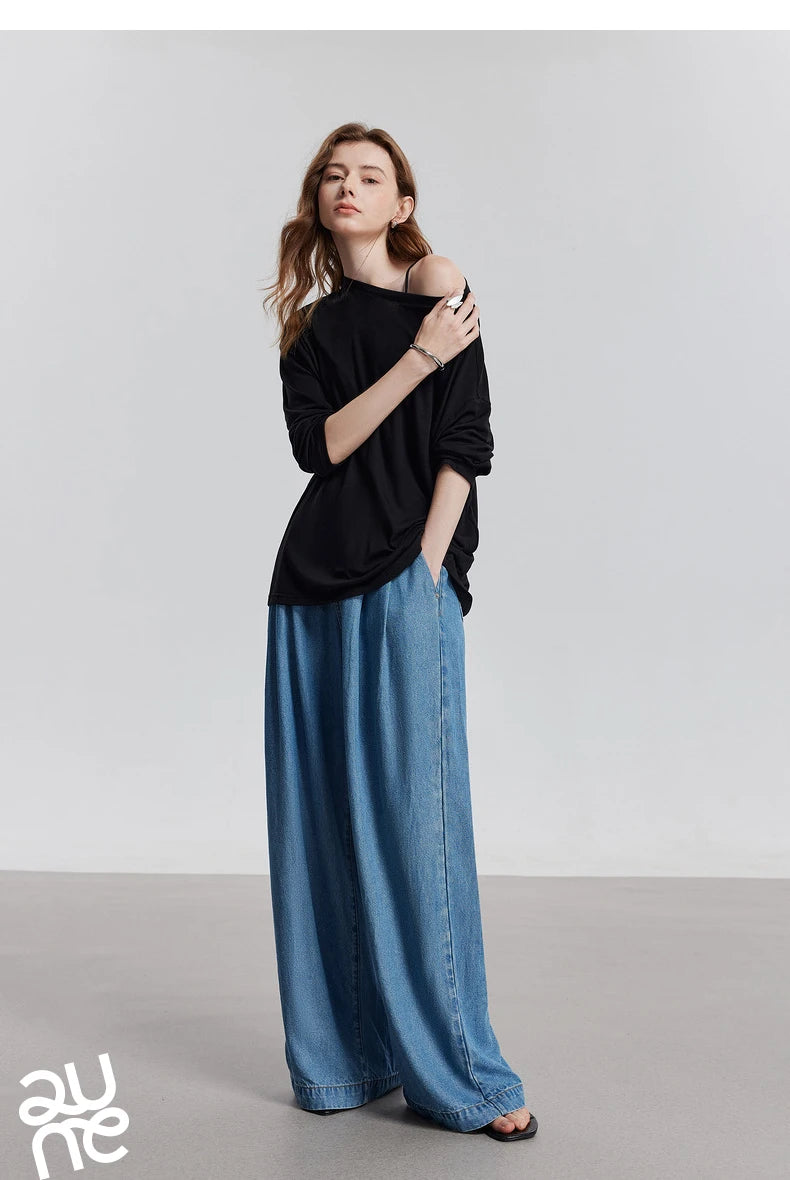 TOYOUTH Women Long Sleeve T-shirt 2025 Spring New Lyocell Wool Versatile Pure Color Pullover Skin Basic Tops