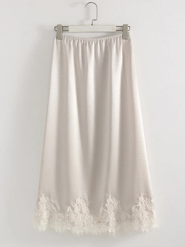 Midi Satin Skirt With Lace Brown Women Summer Office Zipper Skirts A Line Patchwork Satin Silk Skirts Midi Black Luxury Woman