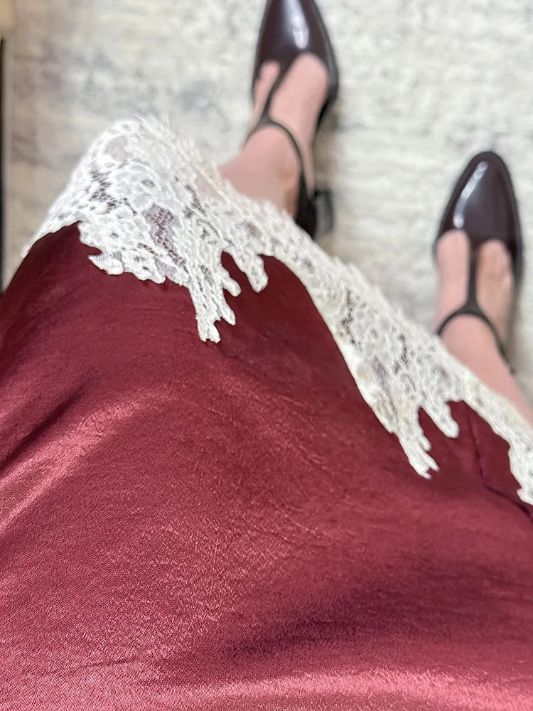 Midi Satin Skirt With Lace Brown Women Summer Office Zipper Skirts A Line Patchwork Satin Silk Skirts Midi Black Luxury Woman