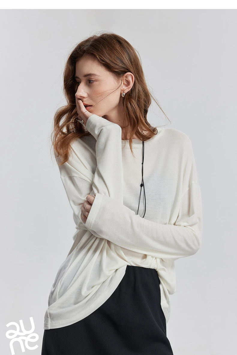 TOYOUTH Women Long Sleeve T-shirt 2025 Spring New Lyocell Wool Versatile Pure Color Pullover Skin Basic Tops