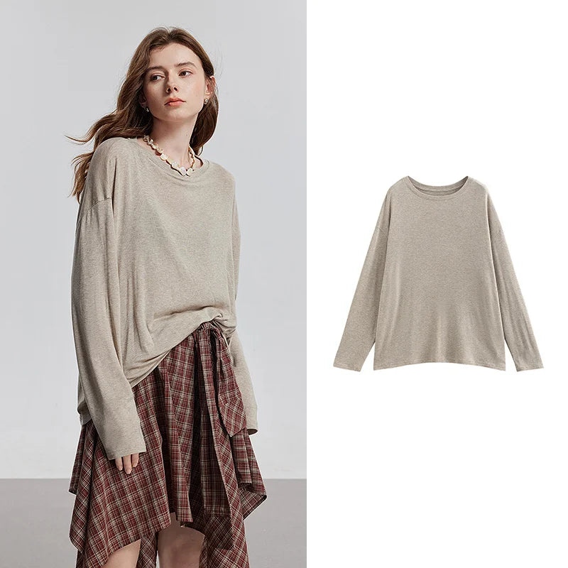 TOYOUTH Women Long Sleeve T-shirt 2025 Spring New Lyocell Wool Versatile Pure Color Pullover Skin Basic Tops