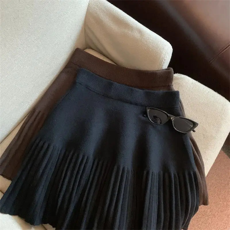 Pleated Mini Skirts Korean Sweet Knitted Skirts Sweet Elastic Waist Ladies Casual Youthful For Women's Clothes Solid Fashion New