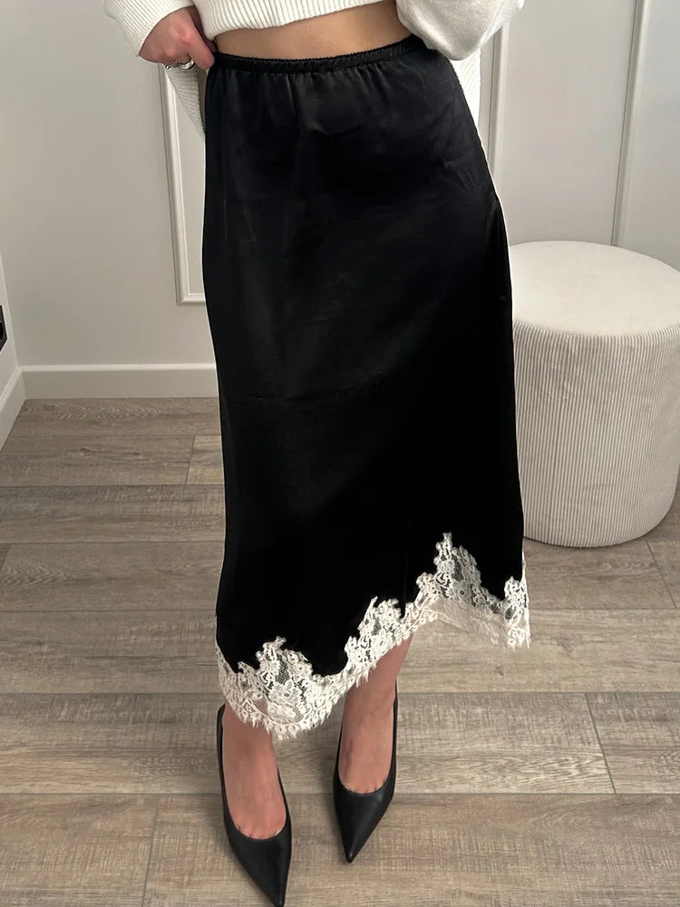 Midi Satin Skirt With Lace Brown Women Summer Office Zipper Skirts A Line Patchwork Satin Silk Skirts Midi Black Luxury Woman