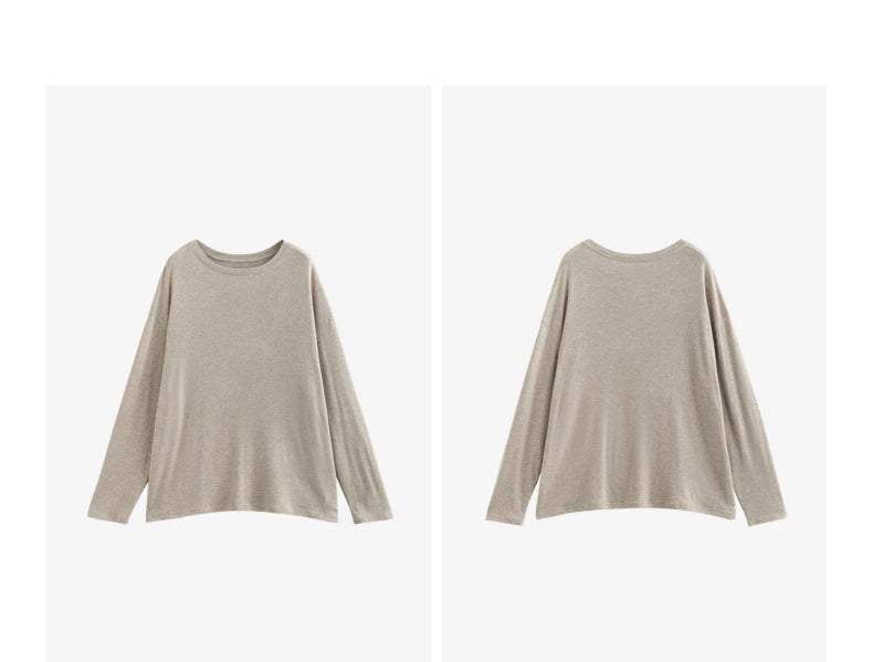 TOYOUTH Women Long Sleeve T-shirt 2025 Spring New Lyocell Wool Versatile Pure Color Pullover Skin Basic Tops