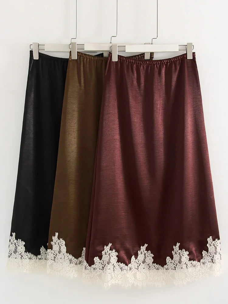 Midi Satin Skirt With Lace Brown Women Summer Office Zipper Skirts A Line Patchwork Satin Silk Skirts Midi Black Luxury Woman