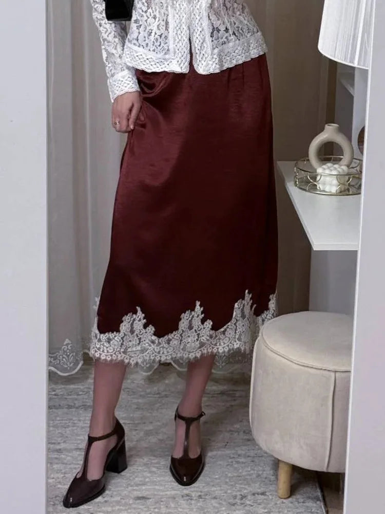 Midi Satin Skirt With Lace Brown Women Summer Office Zipper Skirts A Line Patchwork Satin Silk Skirts Midi Black Luxury Woman