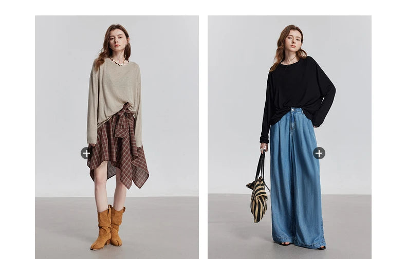 TOYOUTH Women Long Sleeve T-shirt 2025 Spring New Lyocell Wool Versatile Pure Color Pullover Skin Basic Tops