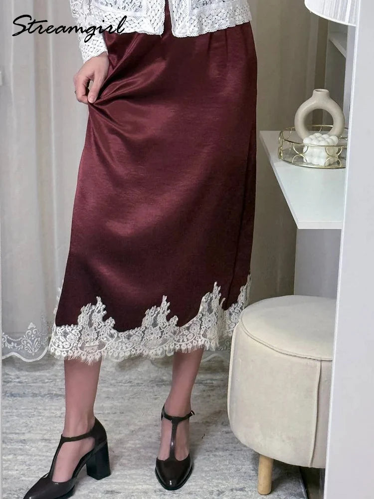 Midi Satin Skirt With Lace Brown Women Summer Office Zipper Skirts A Line Patchwork Satin Silk Skirts Midi Black Luxury Woman
