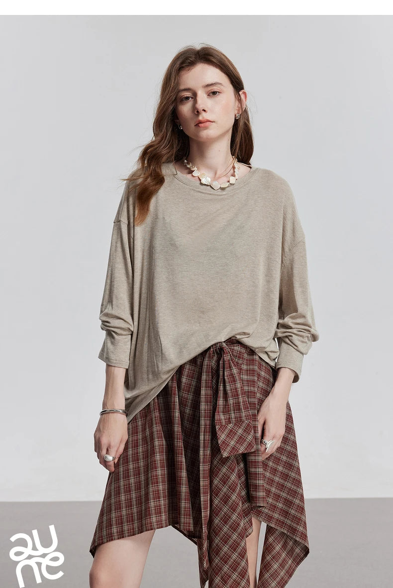 TOYOUTH Women Long Sleeve T-shirt 2025 Spring New Lyocell Wool Versatile Pure Color Pullover Skin Basic Tops