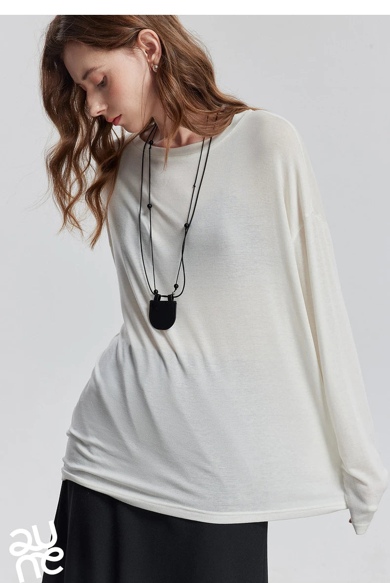 TOYOUTH Women Long Sleeve T-shirt 2025 Spring New Lyocell Wool Versatile Pure Color Pullover Skin Basic Tops