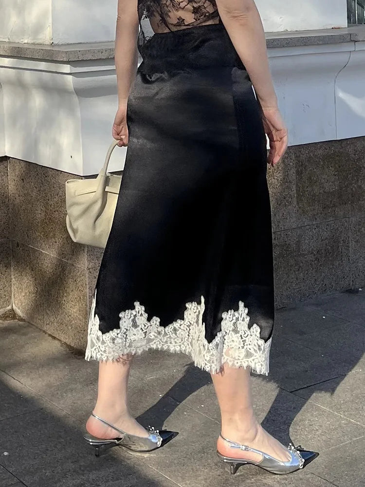 Midi Satin Skirt With Lace Brown Women Summer Office Zipper Skirts A Line Patchwork Satin Silk Skirts Midi Black Luxury Woman