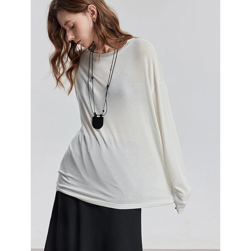 TOYOUTH Women Long Sleeve T-shirt 2025 Spring New Lyocell Wool Versatile Pure Color Pullover Skin Basic Tops