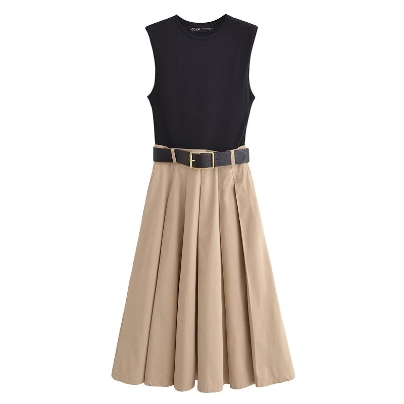 MUJER 2025 Woman Dresses Belt Pleated Midi Dress Women Sleeveless Summer Dress Woman Knitted Party Dresses for Women Sundress