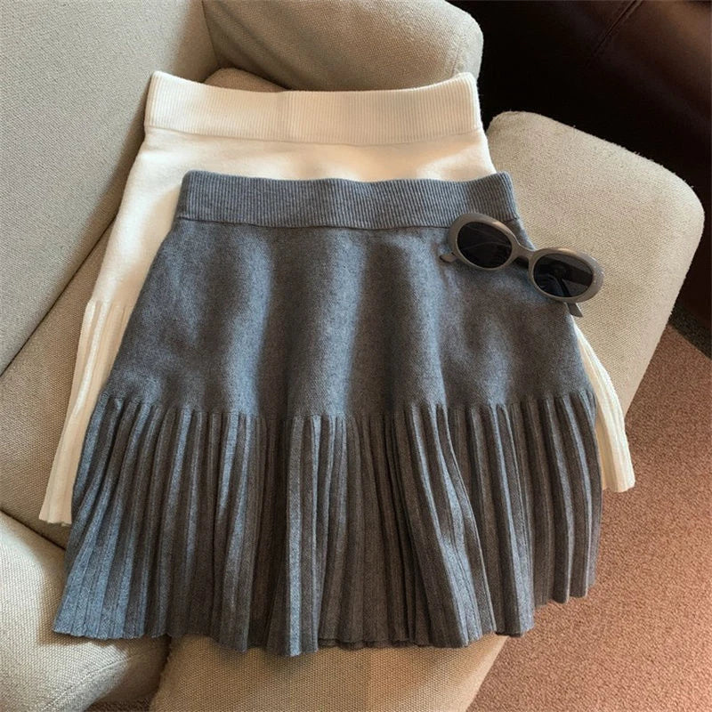 Pleated Mini Skirts Korean Sweet Knitted Skirts Sweet Elastic Waist Ladies Casual Youthful For Women's Clothes Solid Fashion New