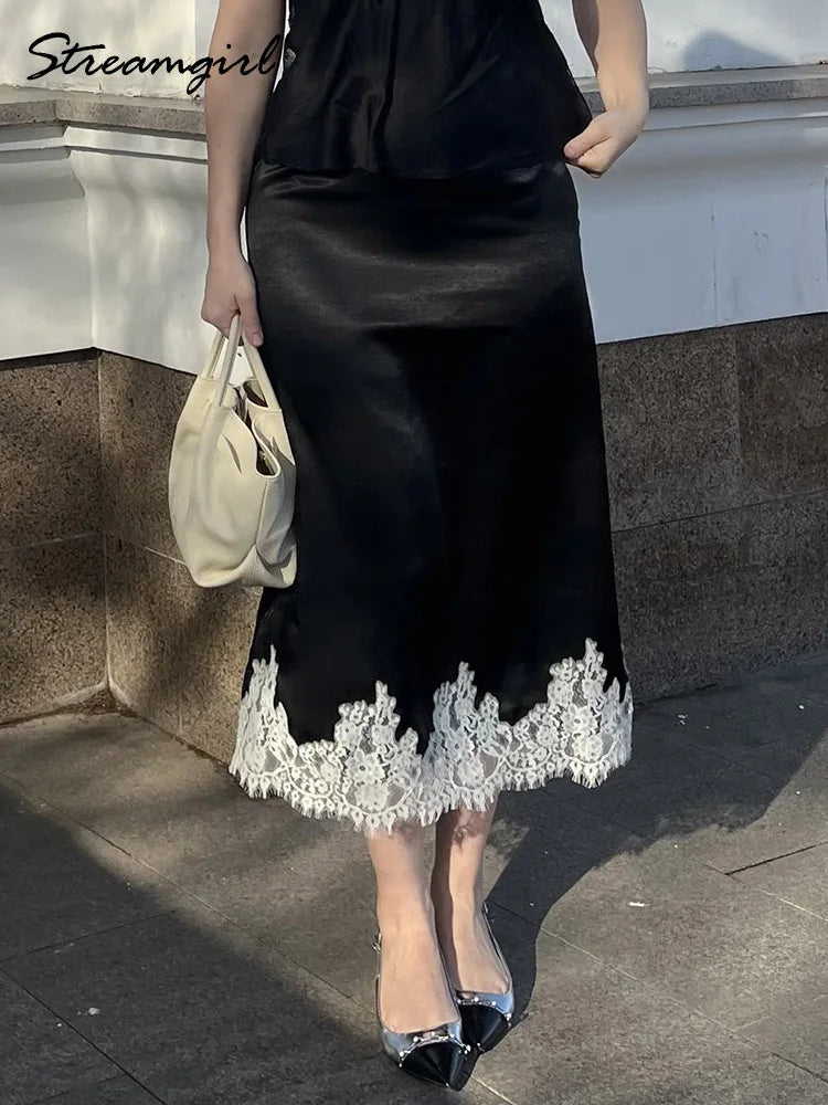 Midi Satin Skirt With Lace Brown Women Summer Office Zipper Skirts A Line Patchwork Satin Silk Skirts Midi Black Luxury Woman
