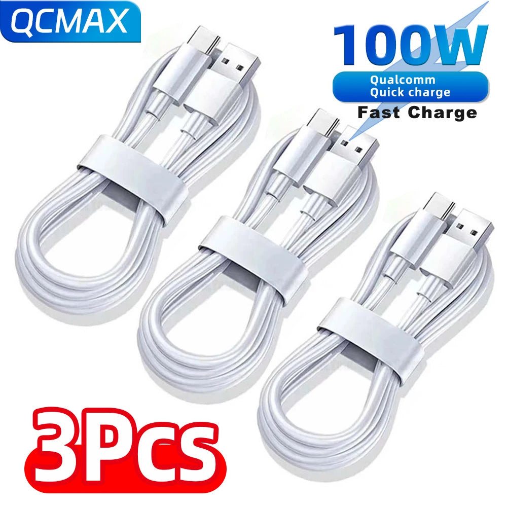QCMAX 1-3PCS 10A 100W Type C Super Fast Charging Cable Data Cord For Huawei OPPO vivo iQoo Quick Charing USB C Cables