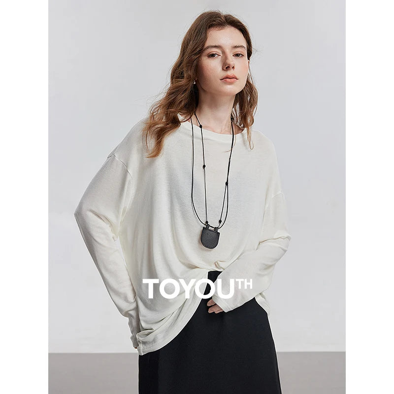 TOYOUTH Women Long Sleeve T-shirt 2025 Spring New Lyocell Wool Versatile Pure Color Pullover Skin Basic Tops