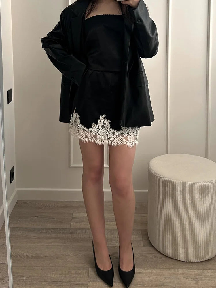Midi Satin Skirt With Lace Brown Women Summer Office Zipper Skirts A Line Patchwork Satin Silk Skirts Midi Black Luxury Woman