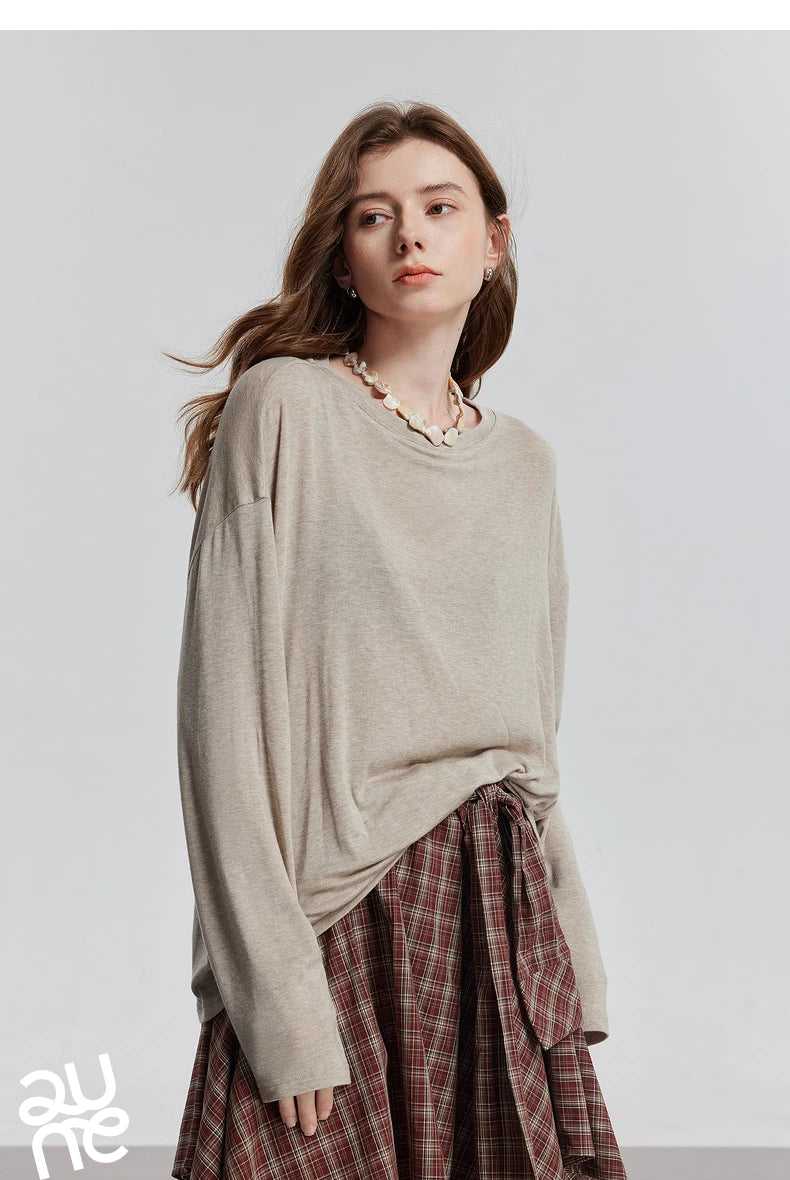 TOYOUTH Women Long Sleeve T-shirt 2025 Spring New Lyocell Wool Versatile Pure Color Pullover Skin Basic Tops
