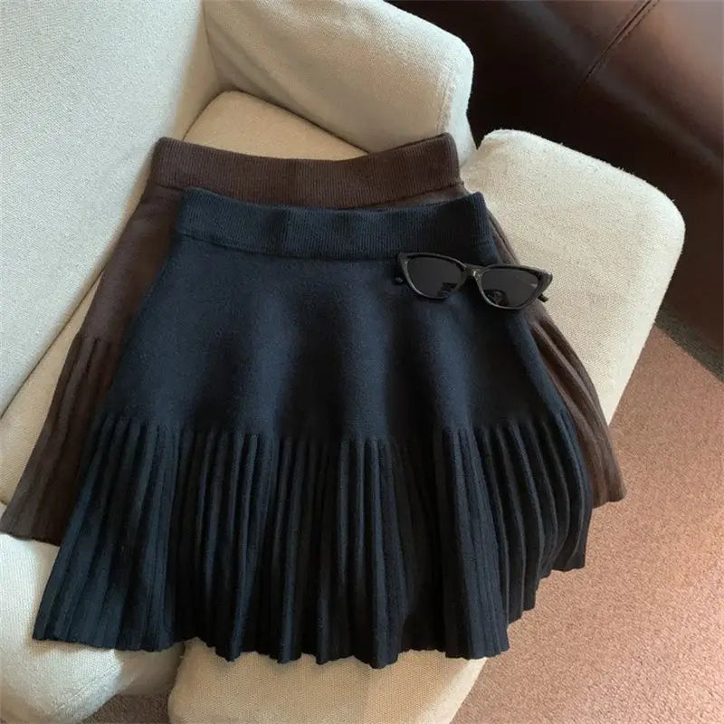 Pleated Mini Skirts Korean Sweet Knitted Skirts Sweet Elastic Waist Ladies Casual Youthful For Women's Clothes Solid Fashion New
