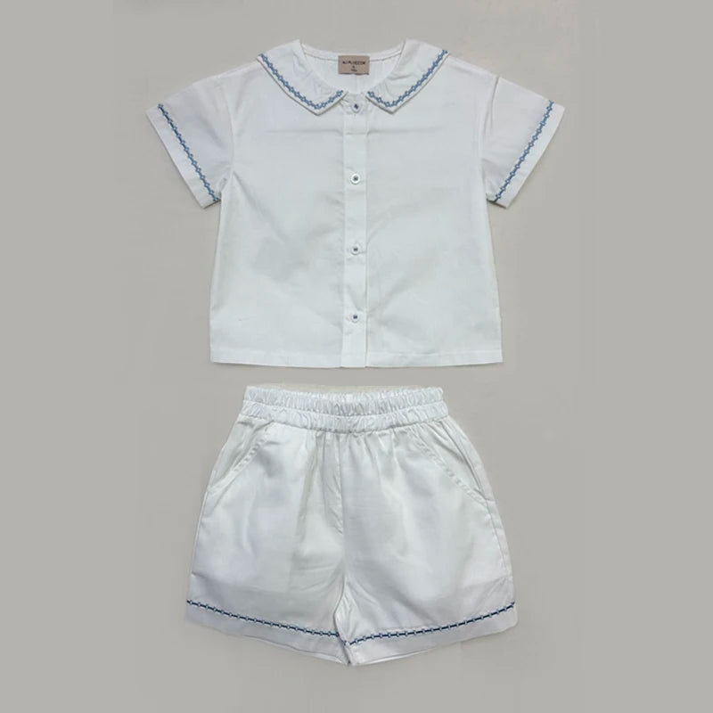 Ali Co SS26 Classic Style Blue String Shirt Shorts Overalls Brother Sister Matching Clothes