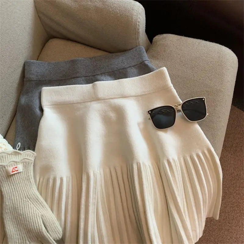 Pleated Mini Skirts Korean Sweet Knitted Skirts Sweet Elastic Waist Ladies Casual Youthful For Women's Clothes Solid Fashion New