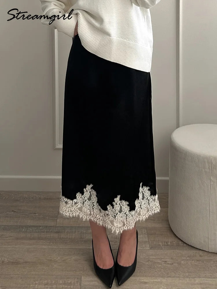 Midi Satin Skirt With Lace Brown Women Summer Office Zipper Skirts A Line Patchwork Satin Silk Skirts Midi Black Luxury Woman