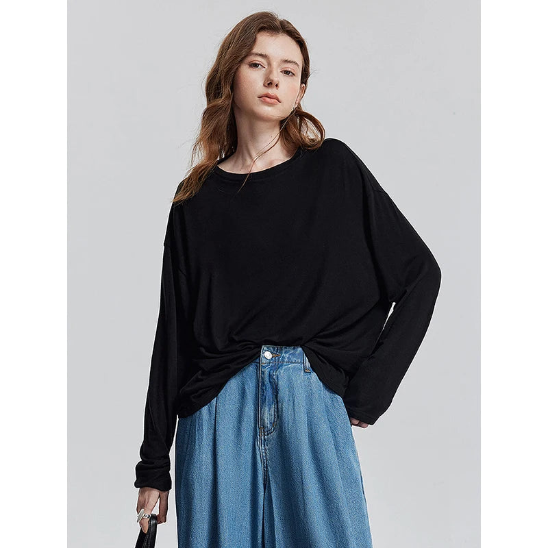 TOYOUTH Women Long Sleeve T-shirt 2025 Spring New Lyocell Wool Versatile Pure Color Pullover Skin Basic Tops