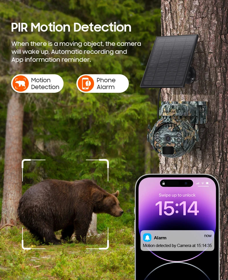 SHIWOJIA 5MP 4G Solar Cameras 4G Sim/WIFI Wireless Outdoor 360° View Animal Monitoring Camouflage Color Solar Battery PTZ Camera