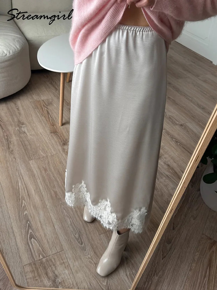 Midi Satin Skirt With Lace Brown Women Summer Office Zipper Skirts A Line Patchwork Satin Silk Skirts Midi Black Luxury Woman