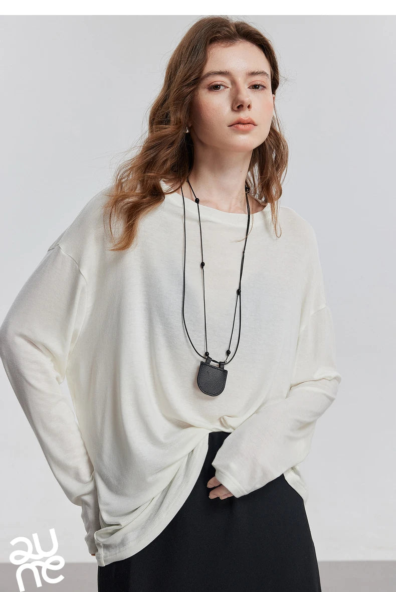 TOYOUTH Women Long Sleeve T-shirt 2025 Spring New Lyocell Wool Versatile Pure Color Pullover Skin Basic Tops