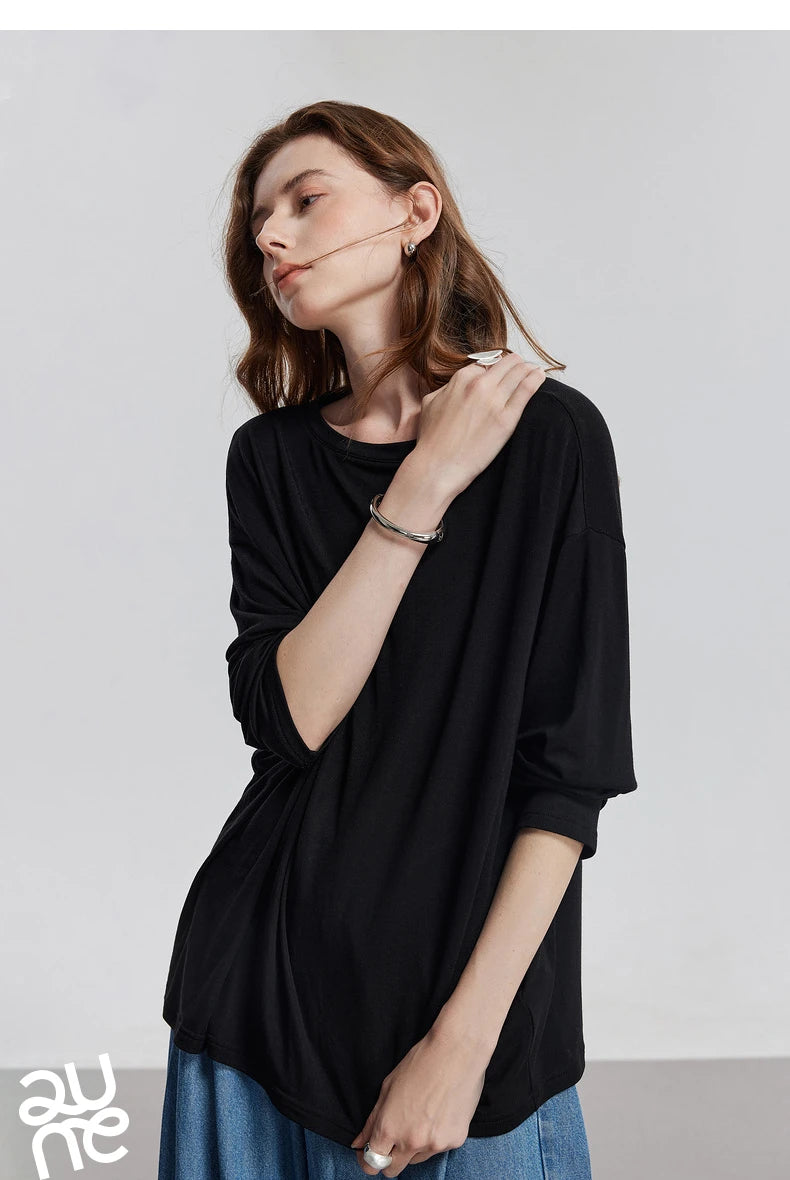 TOYOUTH Women Long Sleeve T-shirt 2025 Spring New Lyocell Wool Versatile Pure Color Pullover Skin Basic Tops