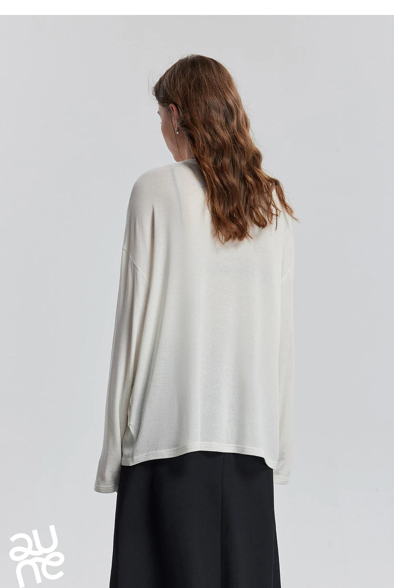 TOYOUTH Women Long Sleeve T-shirt 2025 Spring New Lyocell Wool Versatile Pure Color Pullover Skin Basic Tops