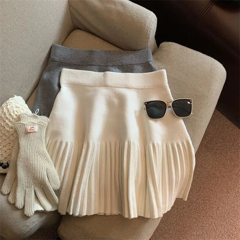 Pleated Mini Skirts Korean Sweet Knitted Skirts Sweet Elastic Waist Ladies Casual Youthful For Women's Clothes Solid Fashion New