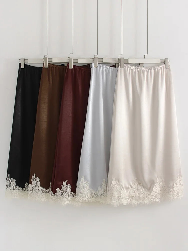 Midi Satin Skirt With Lace Brown Women Summer Office Zipper Skirts A Line Patchwork Satin Silk Skirts Midi Black Luxury Woman