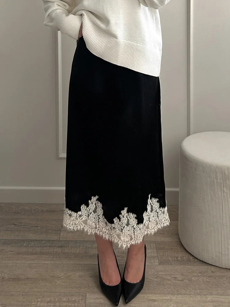 Midi Satin Skirt With Lace Brown Women Summer Office Zipper Skirts A Line Patchwork Satin Silk Skirts Midi Black Luxury Woman