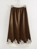 Midi Satin Skirt With Lace Brown Women Summer Office Zipper Skirts A Line Patchwork Satin Silk Skirts Midi Black Luxury Woman
