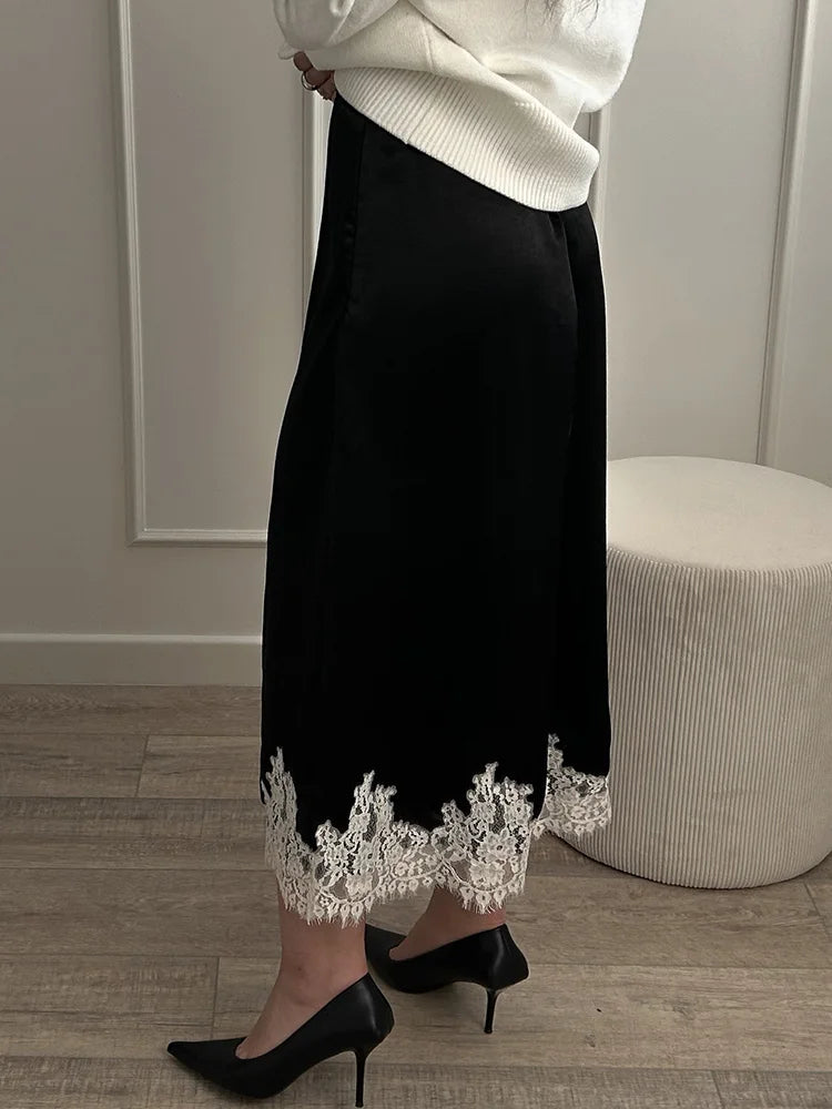 Midi Satin Skirt With Lace Brown Women Summer Office Zipper Skirts A Line Patchwork Satin Silk Skirts Midi Black Luxury Woman