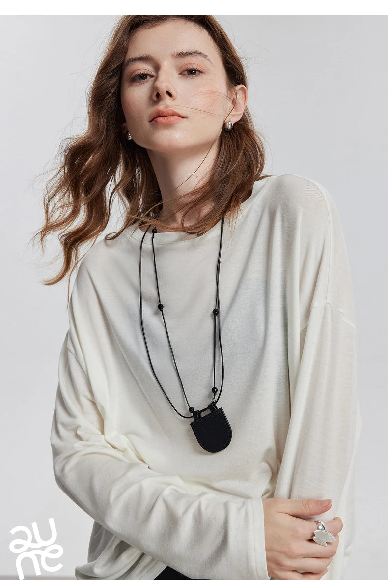 TOYOUTH Women Long Sleeve T-shirt 2025 Spring New Lyocell Wool Versatile Pure Color Pullover Skin Basic Tops