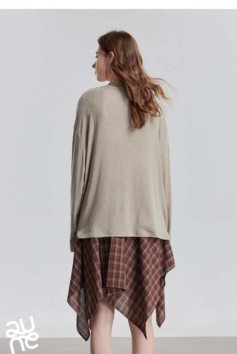 TOYOUTH Women Long Sleeve T-shirt 2025 Spring New Lyocell Wool Versatile Pure Color Pullover Skin Basic Tops