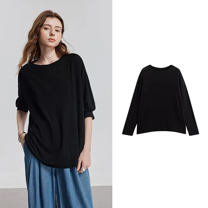 TOYOUTH Women Long Sleeve T-shirt 2025 Spring New Lyocell Wool Versatile Pure Color Pullover Skin Basic Tops